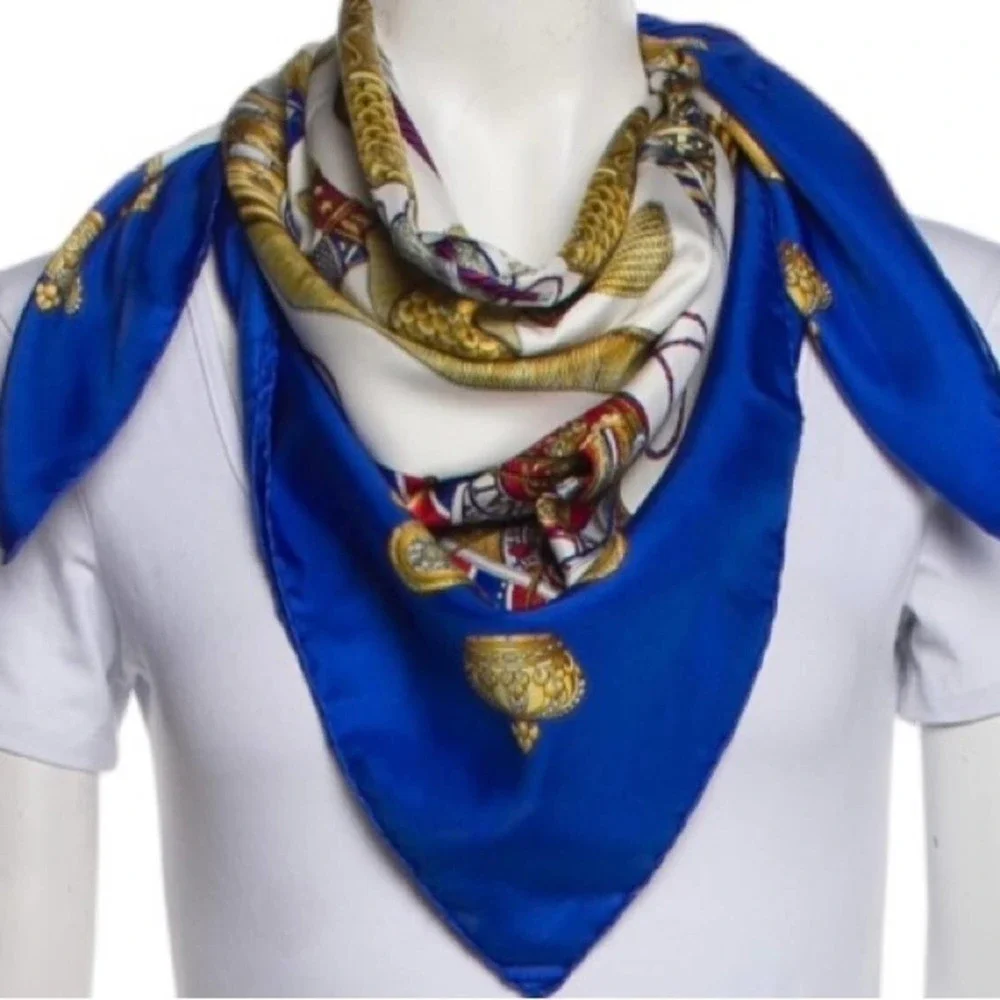 Hermès Les Tambours 100% Silk Scarf. Blue - Picture 11 of 13